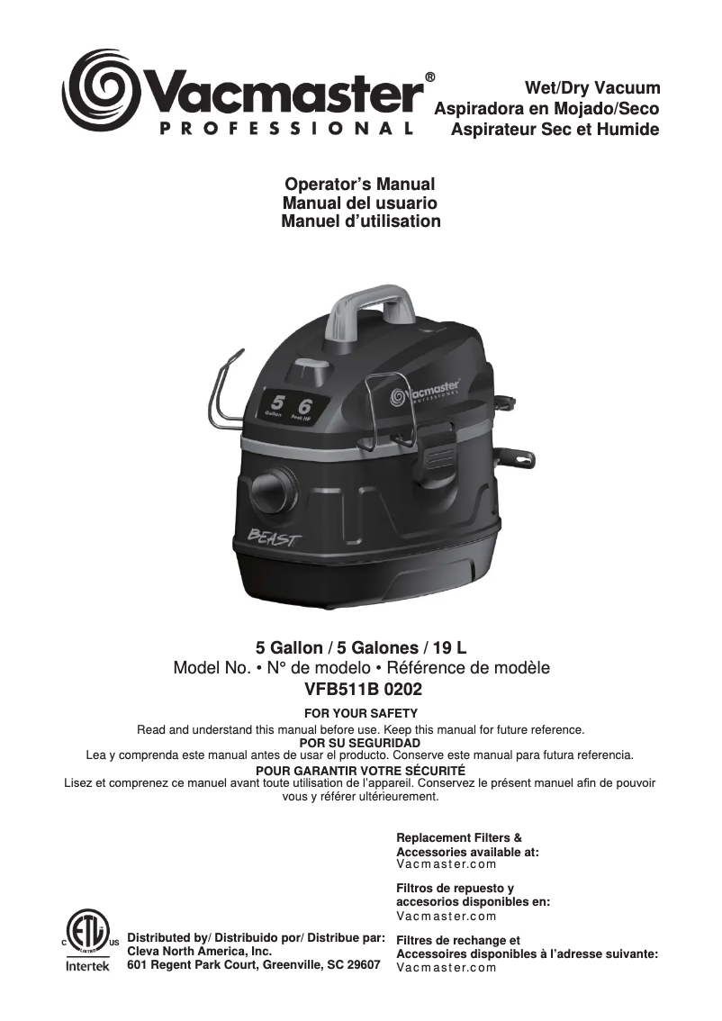 Page n°1 - Manuel utilisateur Vacmaster Professional VFB511B 0202