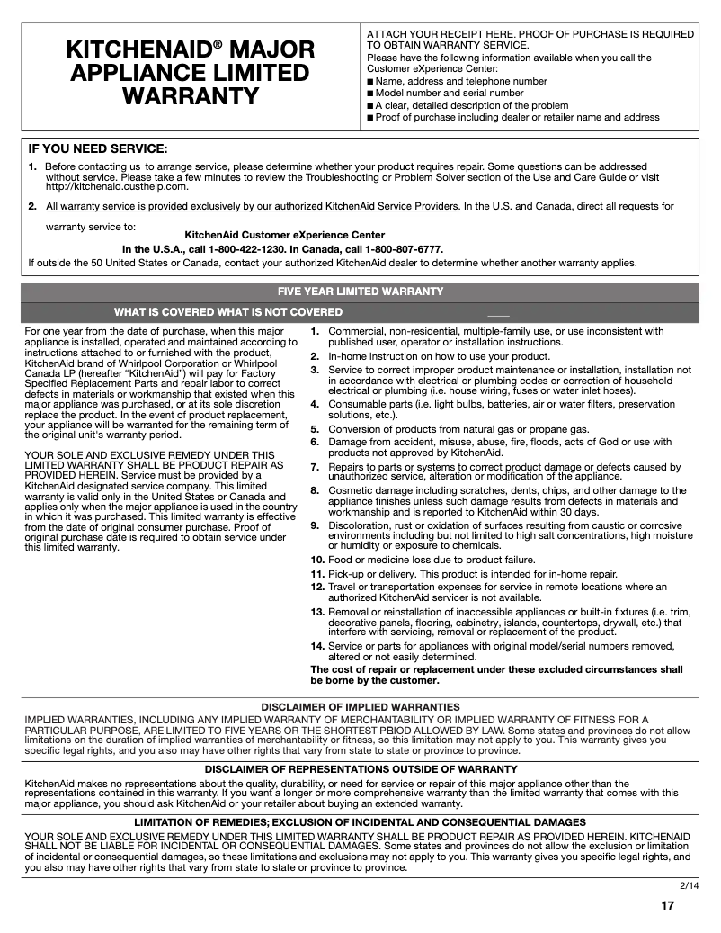 Página 1 del manual Información de garantía KitchenAid KVIB606DSS