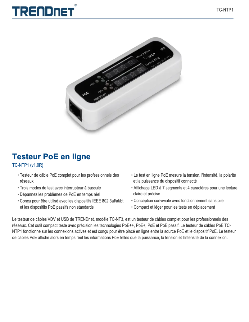 Page 1 de la notice Fiche technique TRENDnet TC-NTP1