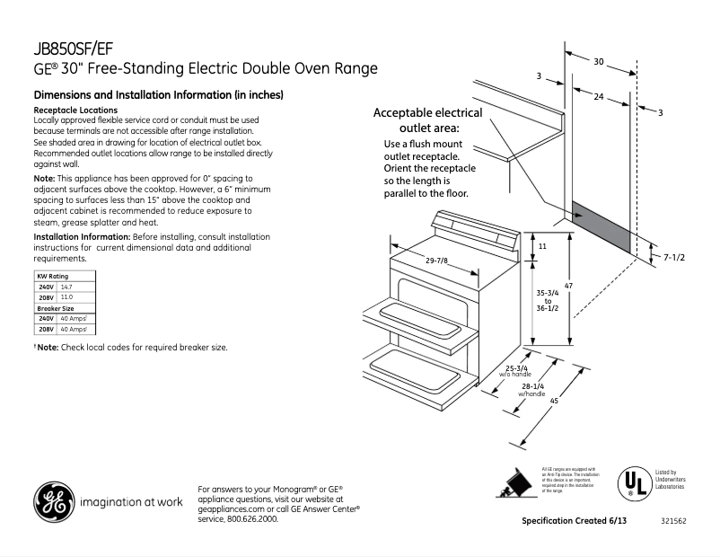 Page n°1 - Fiche technique GE JB850SFSS