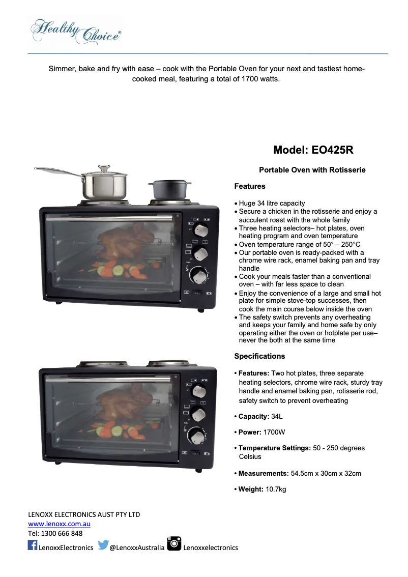 Page 1 de la notice Fiche technique Healthy Choice EO425R