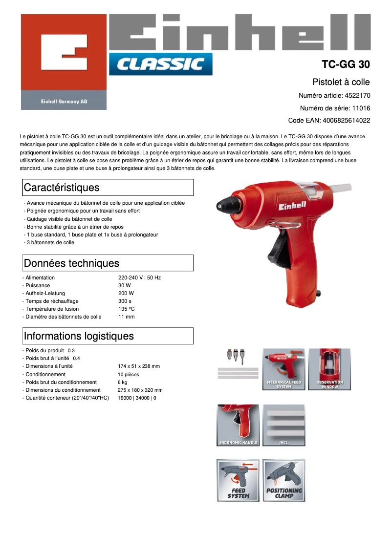 Page 1 de la notice Fiche technique Einhell TC-GG 30