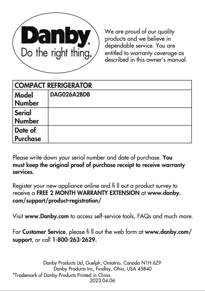 Page 1 de la notice Manuel utilisateur Danby DAG026A2BDB