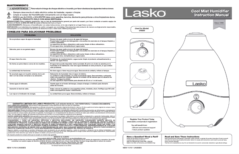 Image de la première page du manuel de l'appareil Ultrasonic Cool Mist UH200