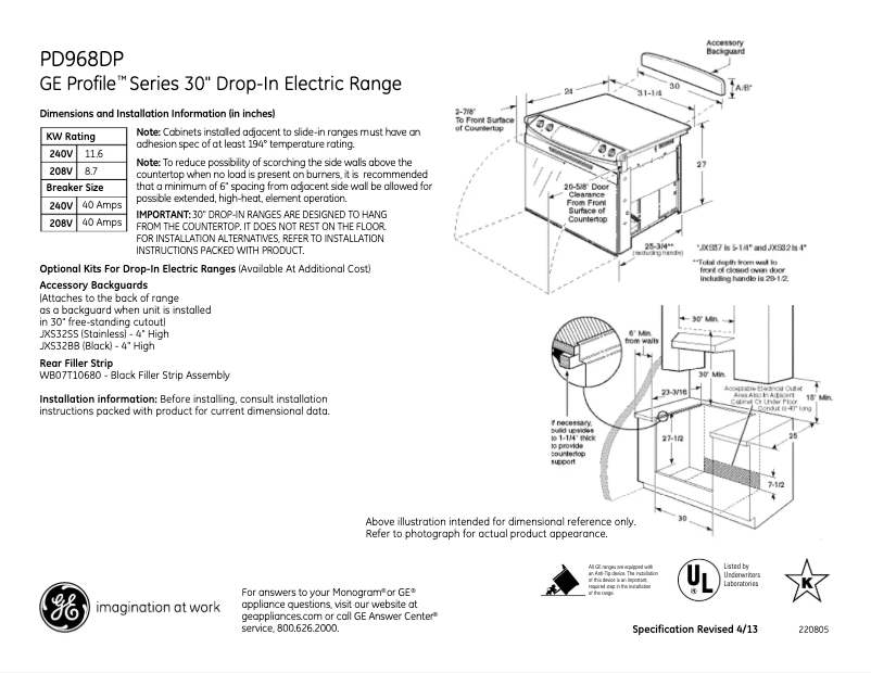 Page 1 of the manual Technical Sheet GE Profile PD968DPBB