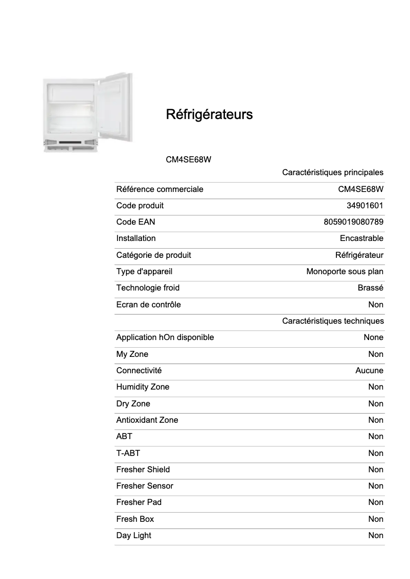 Page 1 de la notice Fiche technique Candy CM4SE68W