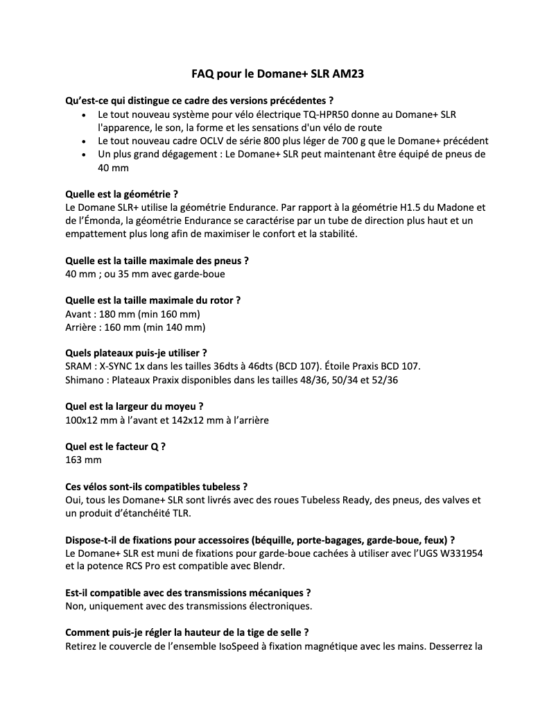 Page 1 de la notice FAQ Trek Domane+ SLR 7