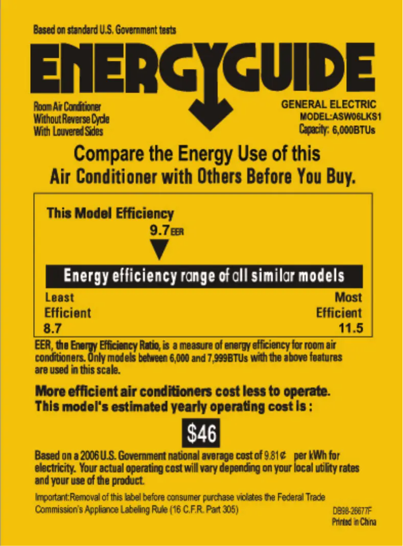 Page n°1 - Label énergétique GE ASW06LK