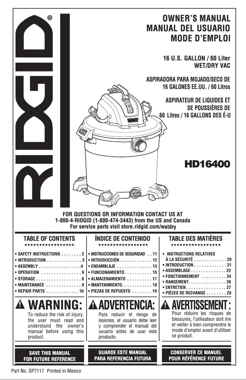 Page 1 de la notice Manuel utilisateur Ridgid HD1640