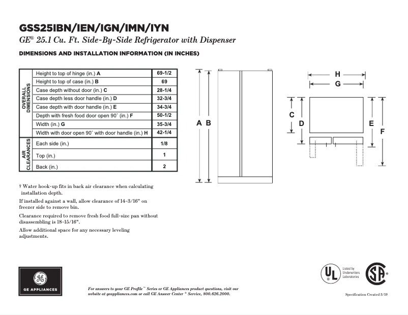 Page n°1 - Fiche technique GE GSE25GGHBB
