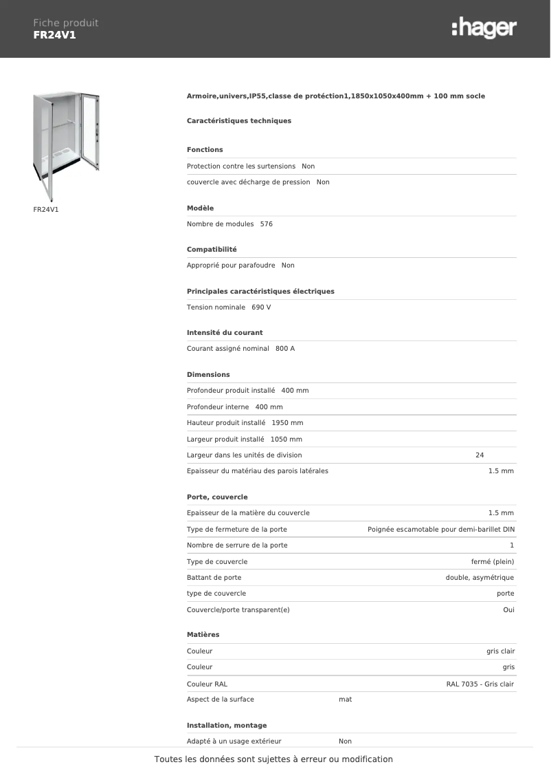 Page n°1 - Fiche technique Hager FR24V1