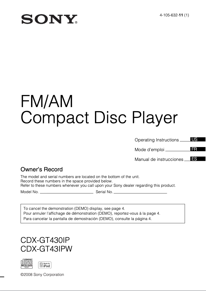 Image de la première page du manuel de l'appareil CDX-GT43IPW