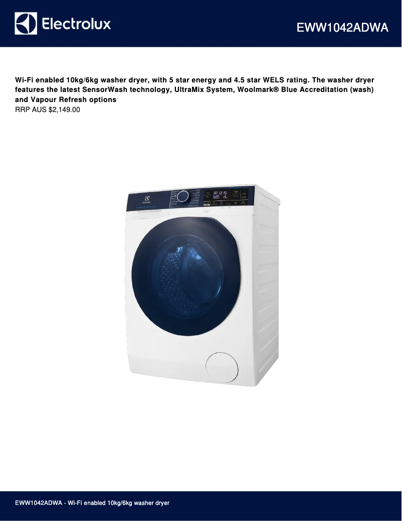 Page 1 de la notice Fiche technique Electrolux EWW1042ADWA