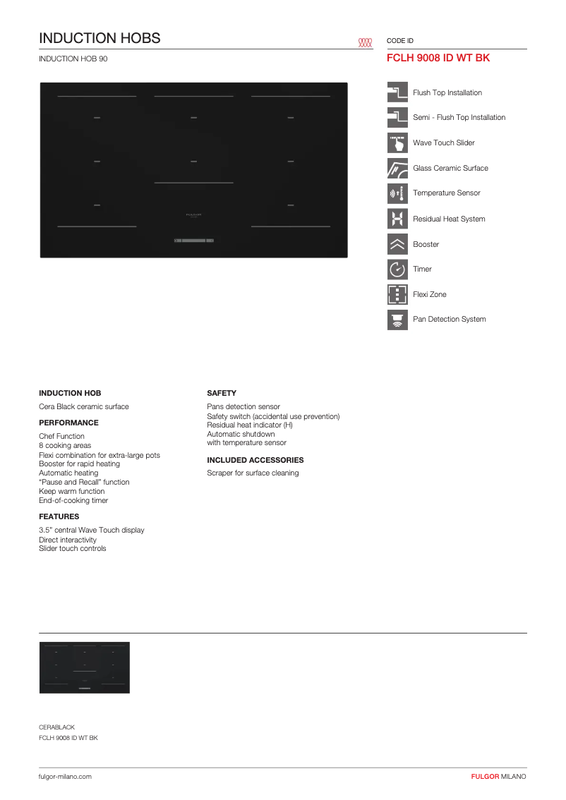 Page 1 de la notice Fiche technique Fulgor Milano FCLH 9008 ID WT