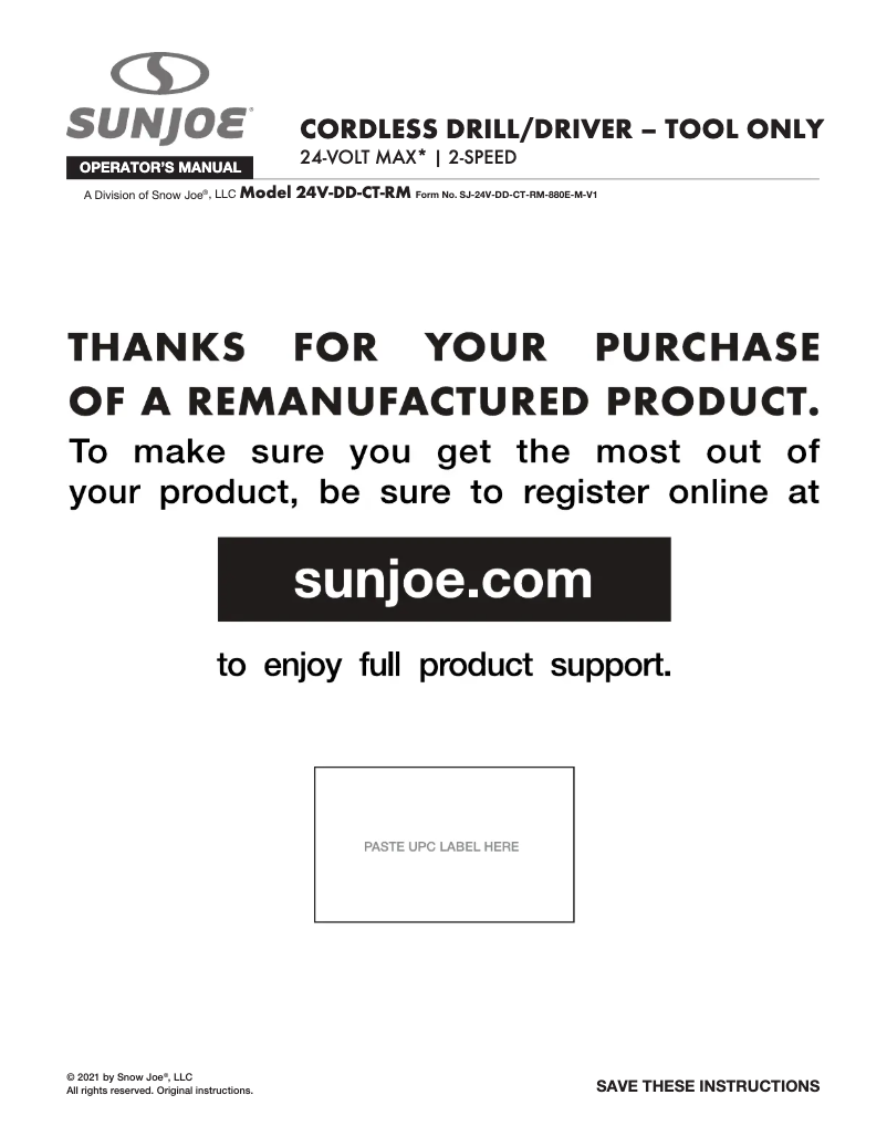 Page 1 de la notice Manuel utilisateur Sun Joe 24V-DD-CT-RM