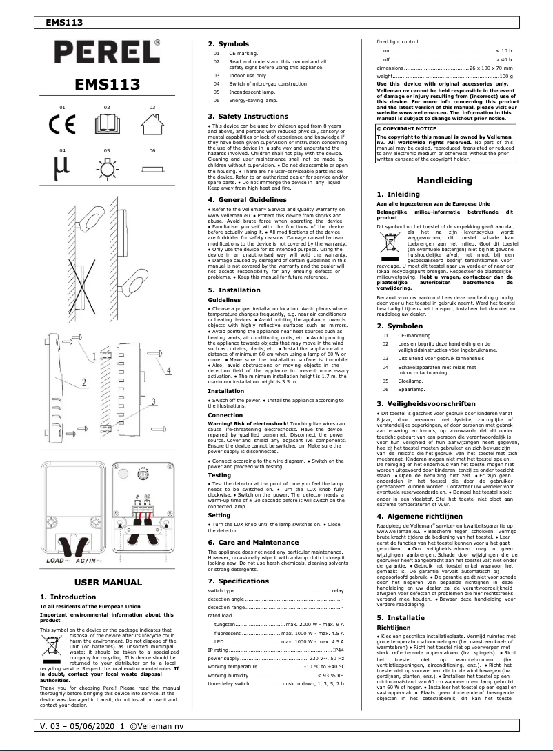 Page 1 de la notice Manuel utilisateur Perel EMS113