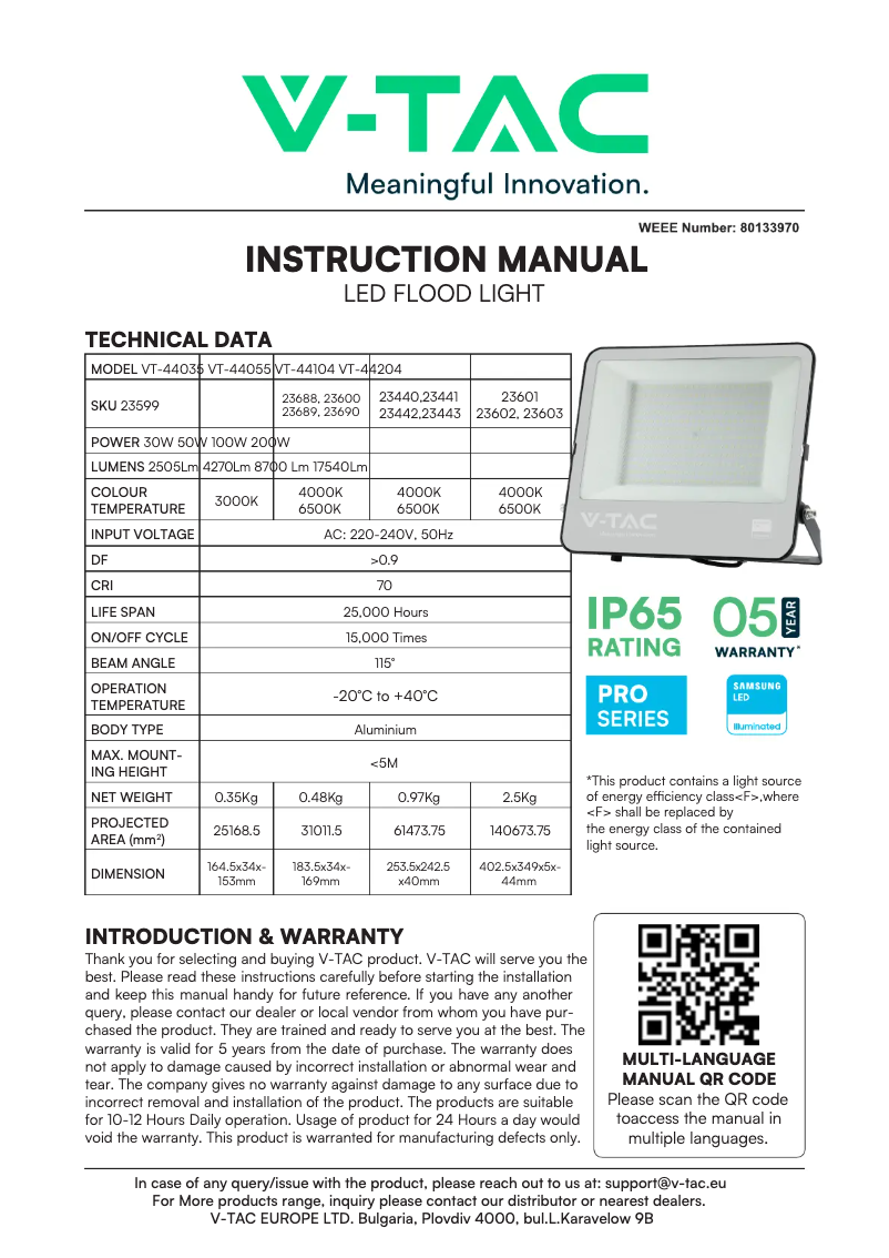 Page 1 de la notice Manuel utilisateur V-TAC VT-44204