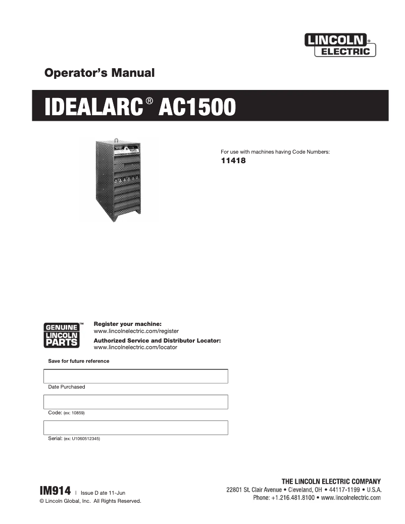 Page 1 de la notice Manuel utilisateur Lincoln Electric IDEALARC AC1500