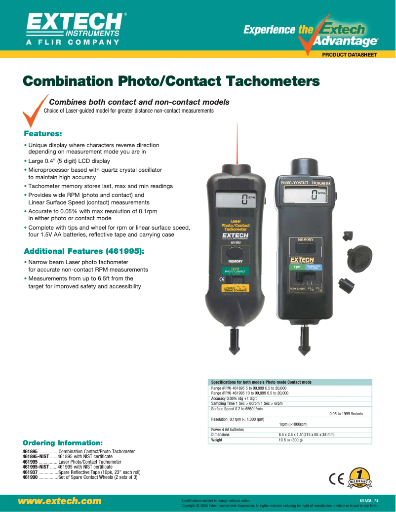 Page 1 de la notice Fiche technique Extech 461995