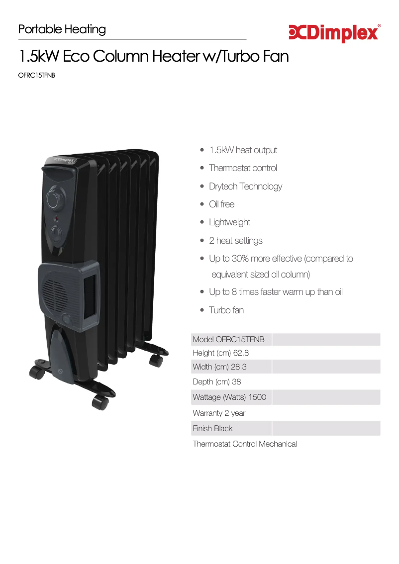 Page 1 de la notice Fiche technique Dimplex OFRC15TFNB