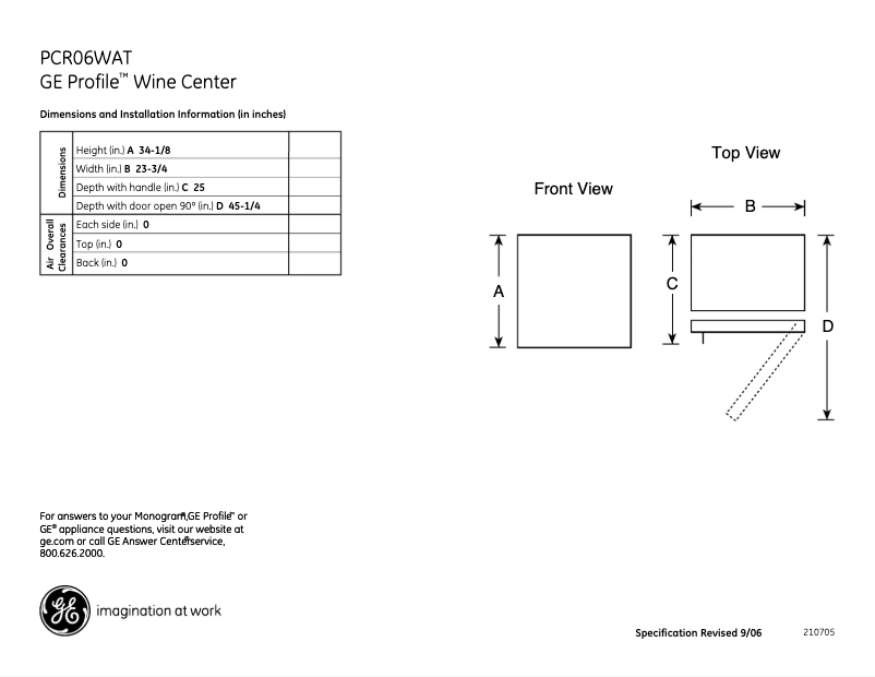 Page 1 of the manual Technical Sheet GE Profile PCR06WATSS