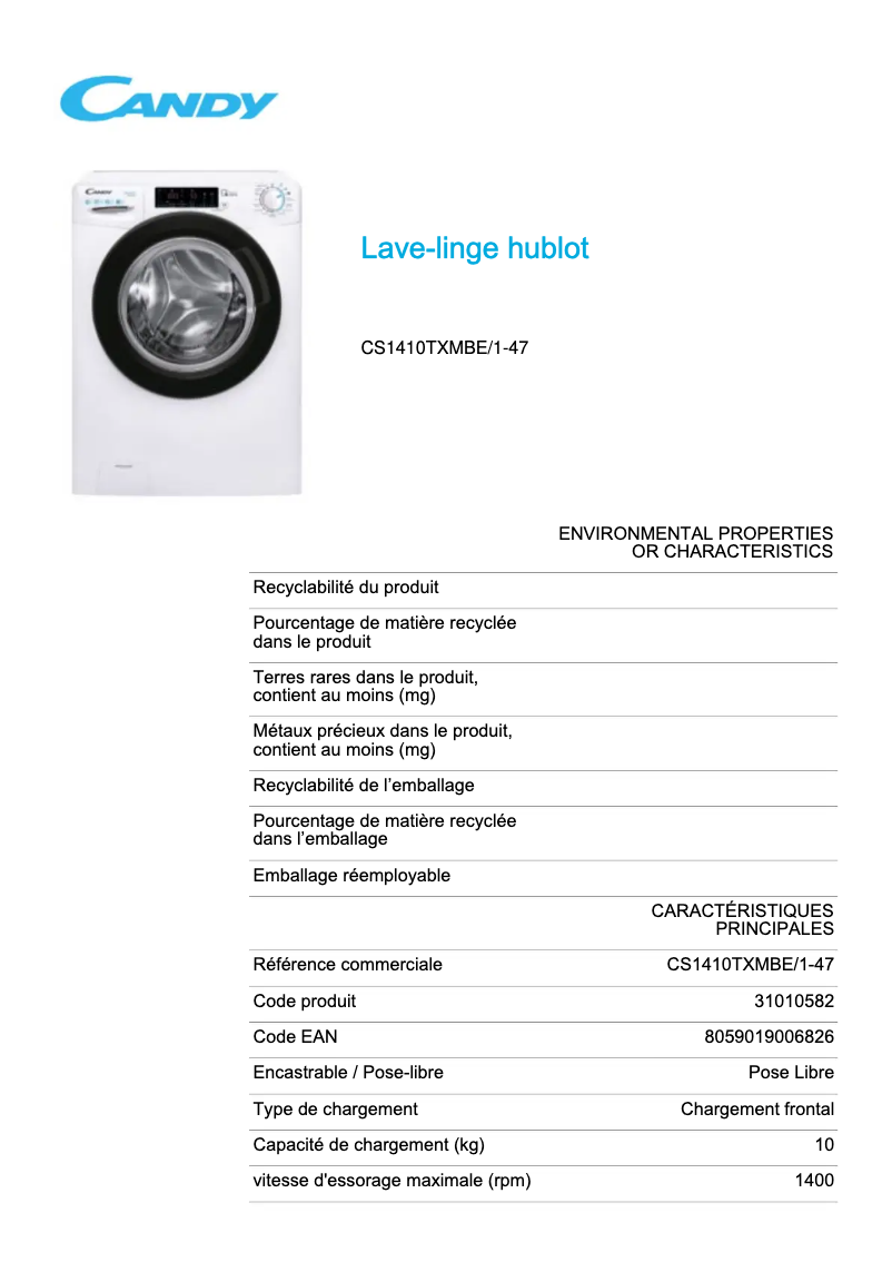 Page 1 de la notice Fiche technique Candy CS1410TXMBE/1-47