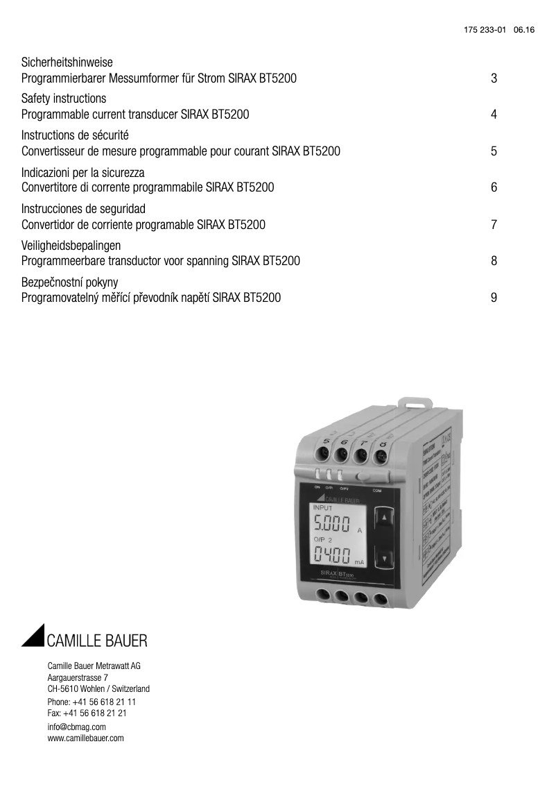 Page n°1 - Instructions de sécurité Camille Bauer SIRAX BT5200