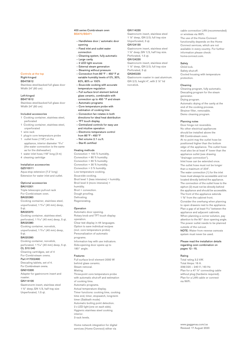Page 1 de la notice Fiche technique Gaggenau BS471612