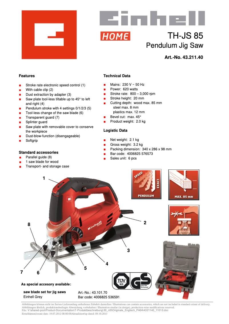 Page 1 de la notice Fiche technique Einhell TH-JS 85