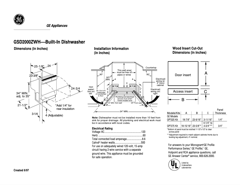 Page 1 de la notice Fiche technique GE GSD2000ZWH