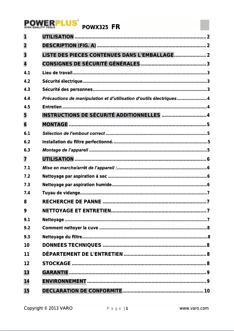 Page n°1 - Manuel utilisateur PowerPlus POWX325