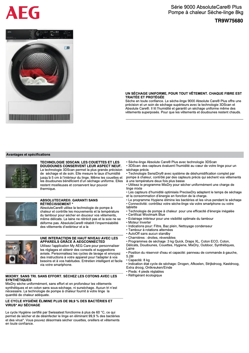 Página 1 del manual Ficha técnica AEG TR9W75680