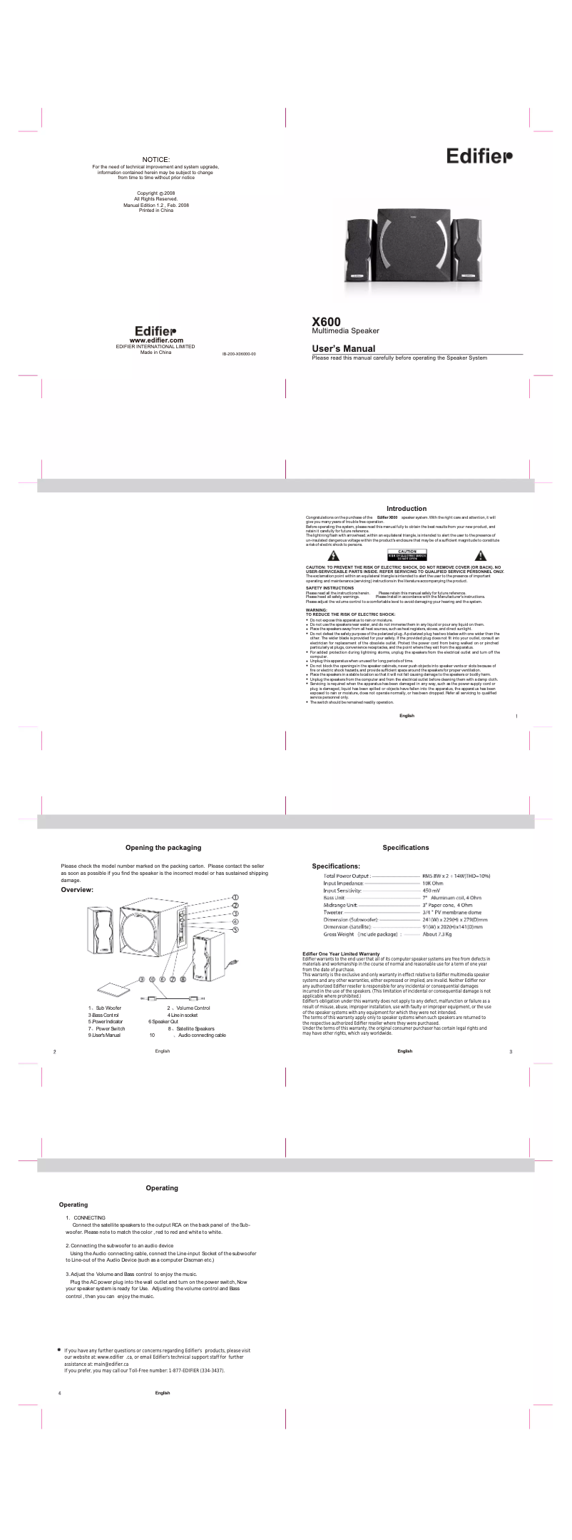 Page 1 de la notice Manuel utilisateur Edifier X600