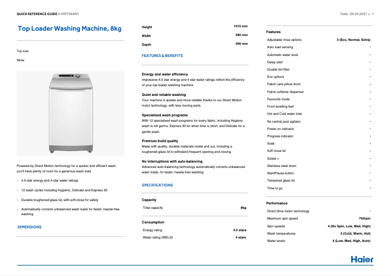 Image de la première page du manuel de l'appareil HWT08AN1