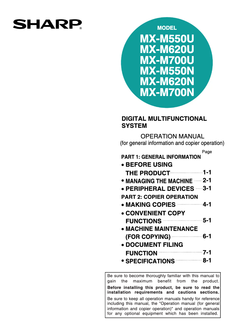 Page 1 de la notice Manuel utilisateur Sharp MX-M620U