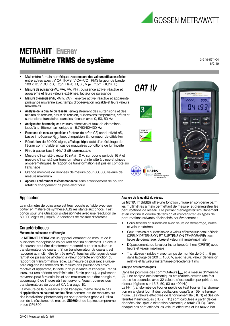 Page 1 de la notice Fiche technique Gossen Metrawatt Metrahit ENERGY