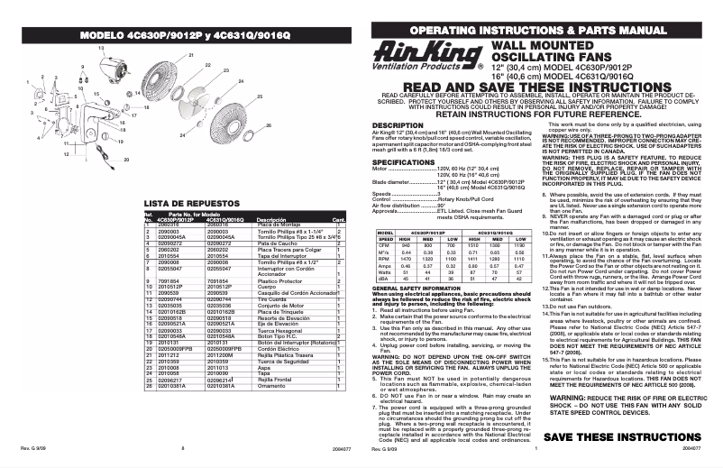 Page 1 de la notice Manuel utilisateur Air King 9016
