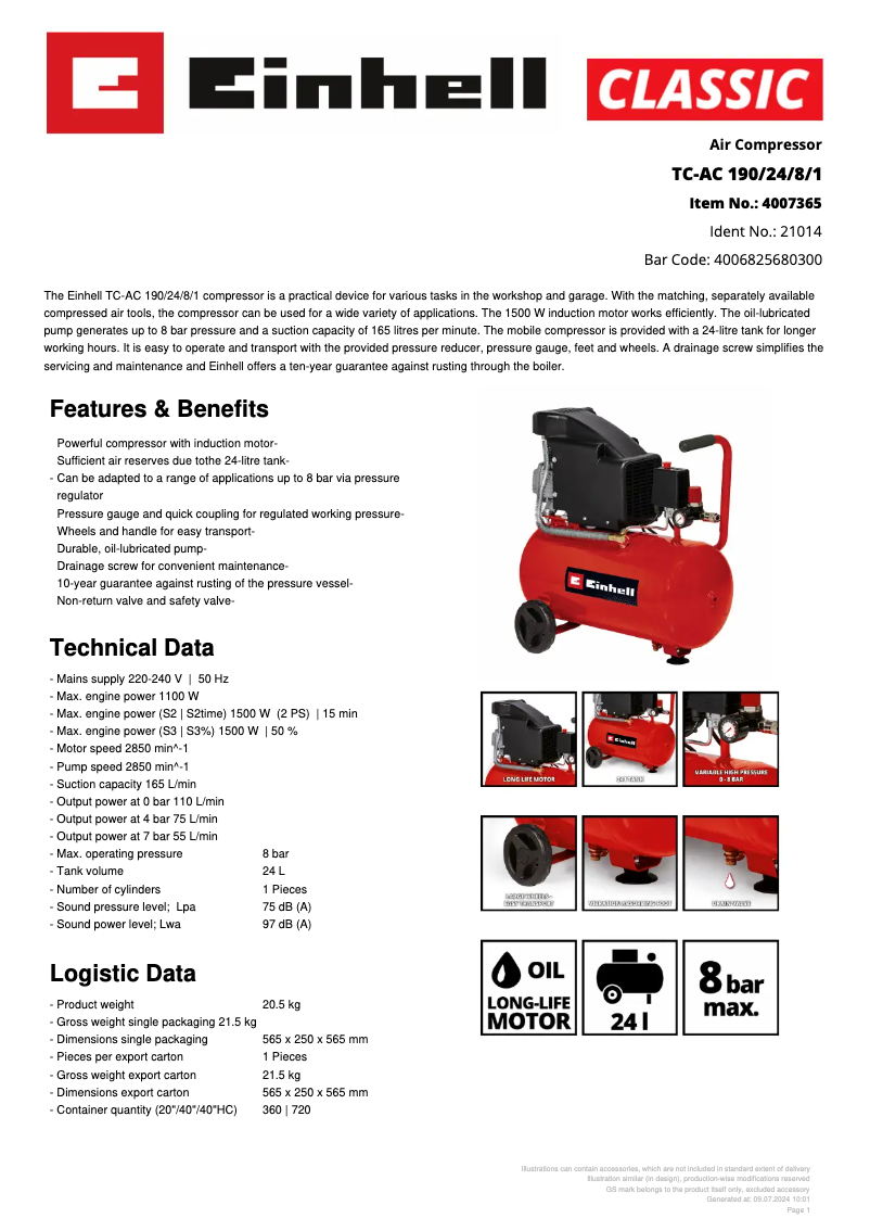 Page 1 de la notice Fiche technique Einhell TC-AC 190/24/8/1