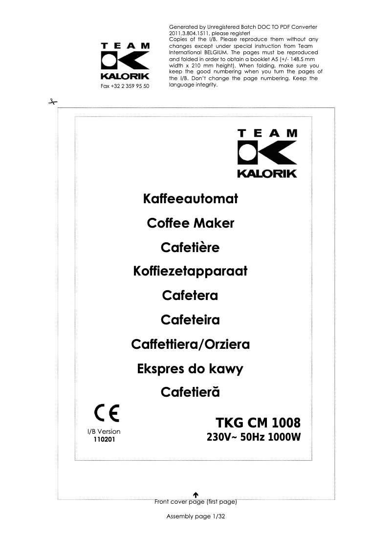 Page n°1 - Manuel utilisateur Kalorik TKG CM 1008