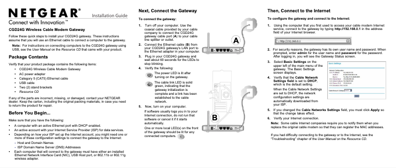 Page n°1 - Guide d'installation Netgear CGD24G