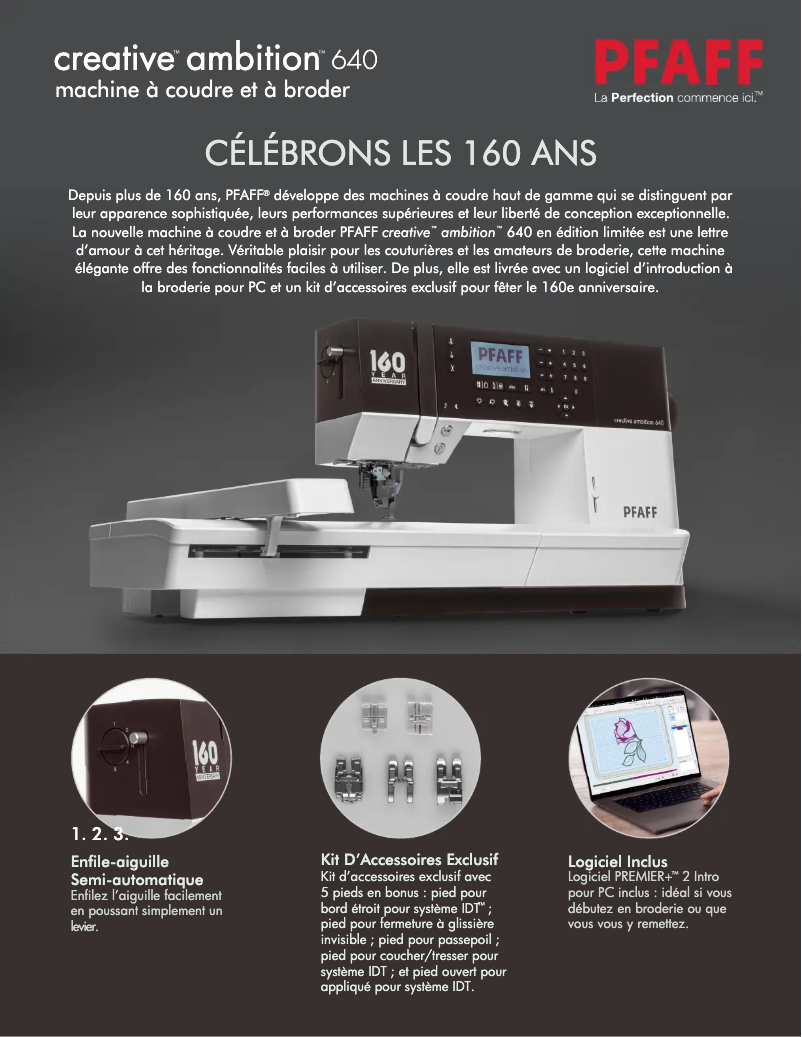 Page 1 de la notice Fiche technique Pfaff Creative Ambition 640