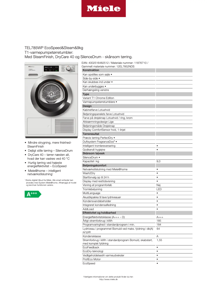 Page n°1 - Fiche technique Miele TEL785 WP