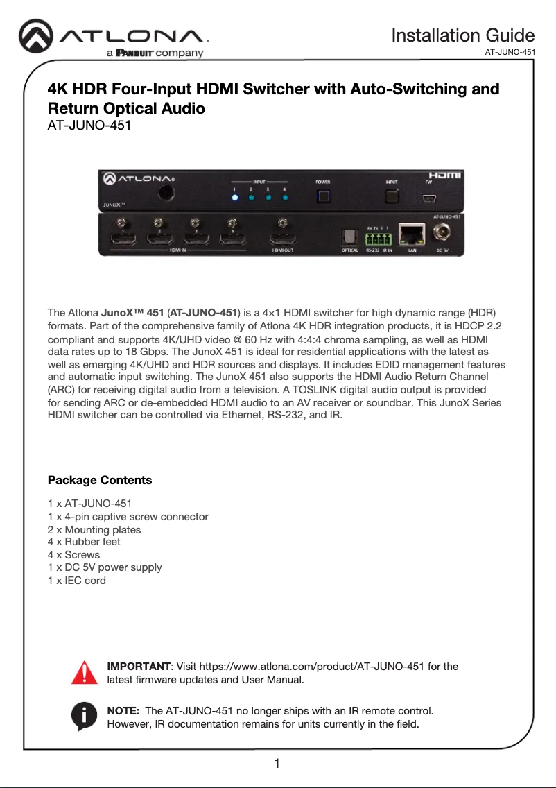 Page 1 de la notice Guide d'installation Atlona AT-JUNO-451