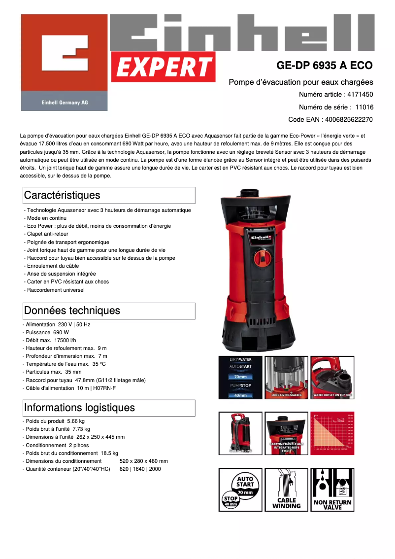 Page n°1 - Fiche technique Einhell GE-DP 6935 A Eco