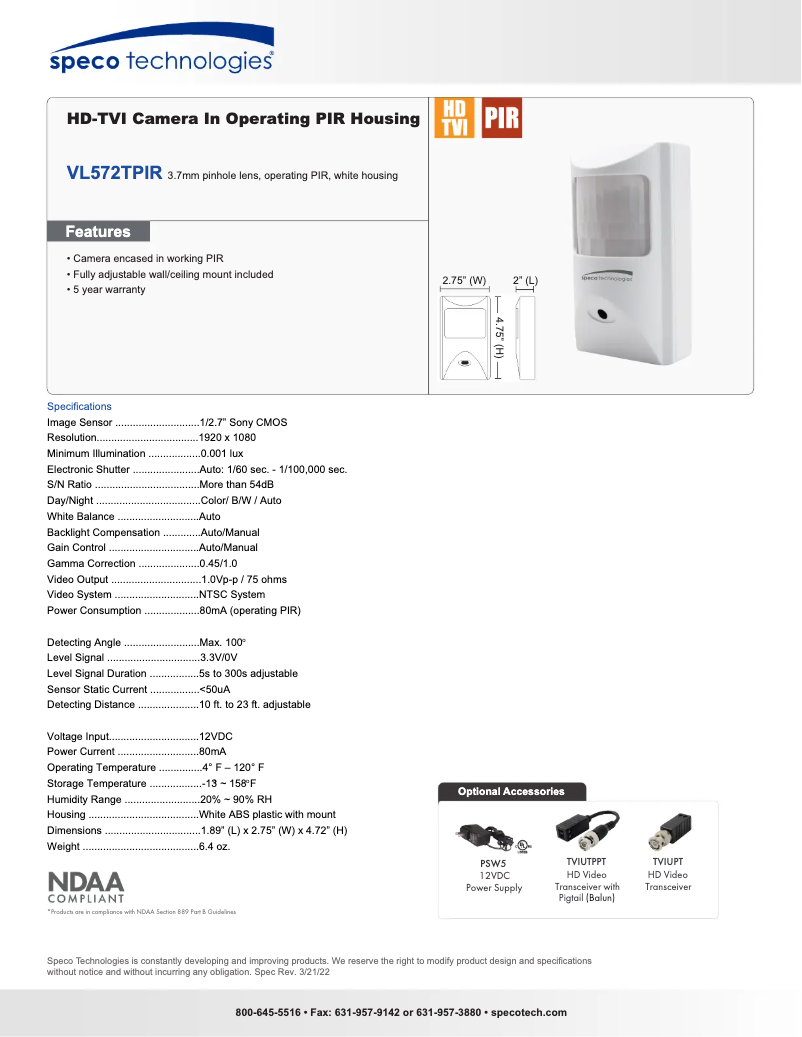Página 1 del manual Ficha técnica Speco Technologies VL572TPIR