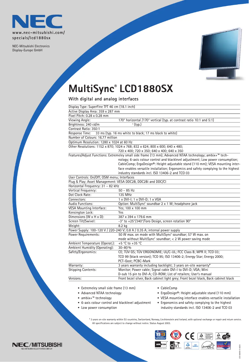 Página 1 del manual Ficha técnica NEC MultiSync LCD1880SXBK