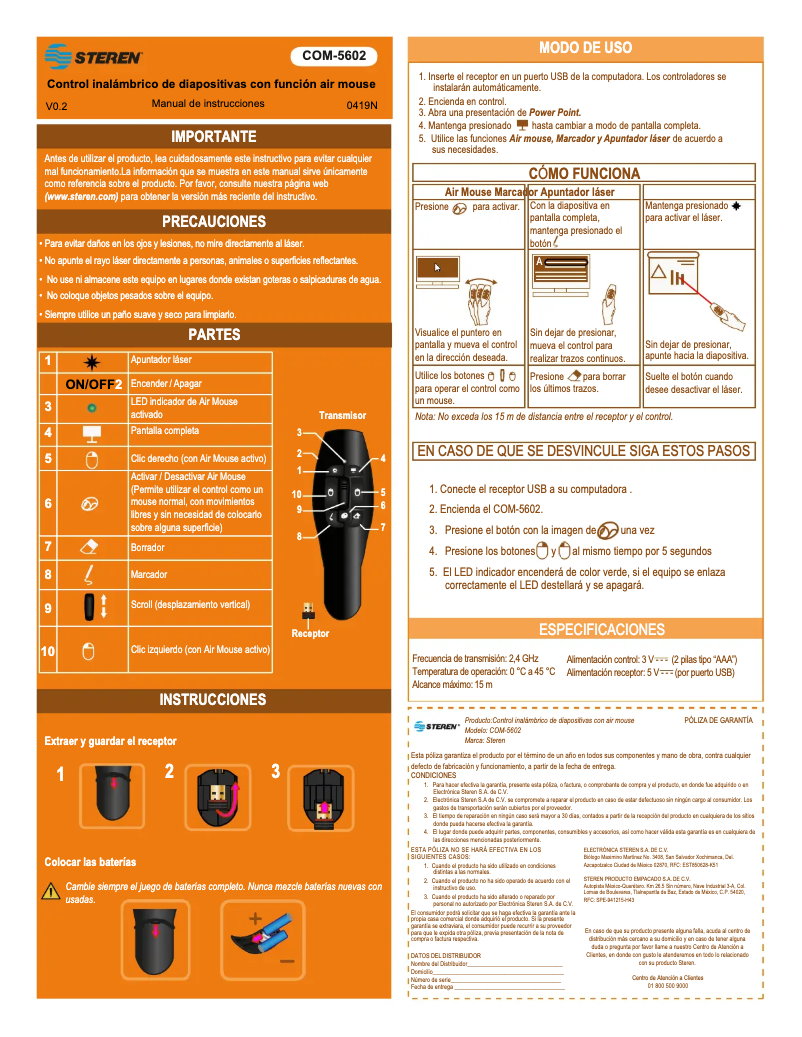 Imagen de la primera página del manual del dispositivo COM-5602