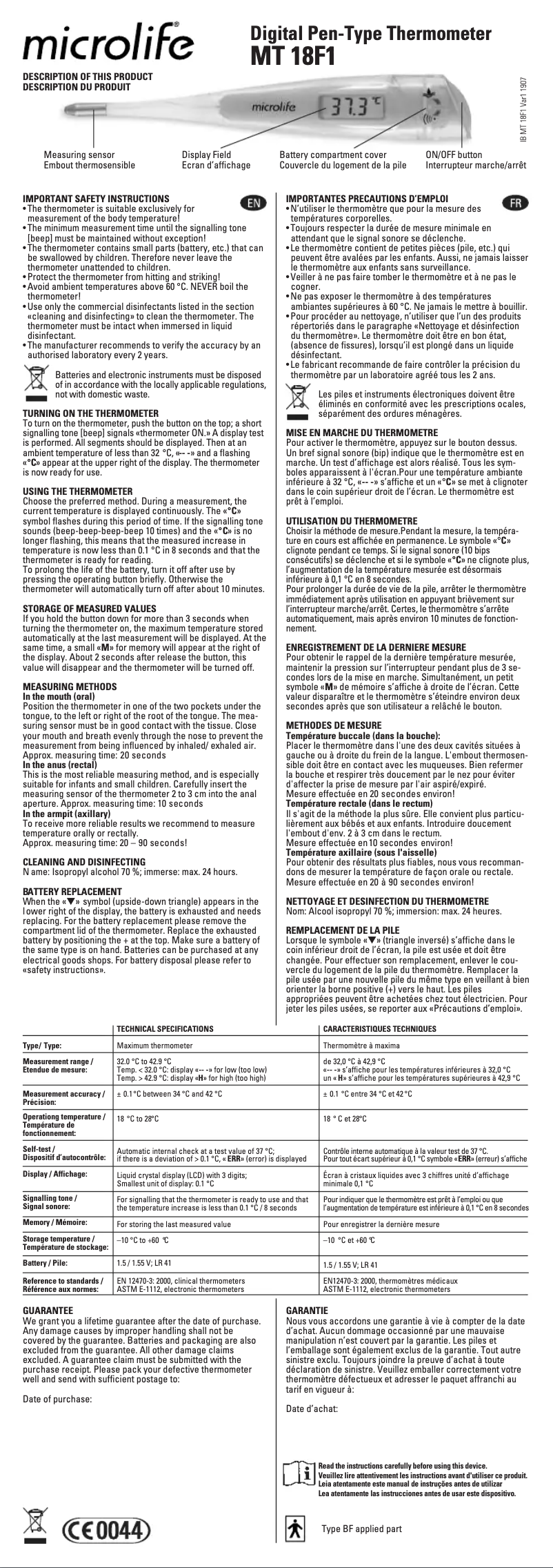 Page n°1 - Manuel utilisateur Microlife MT 18F1