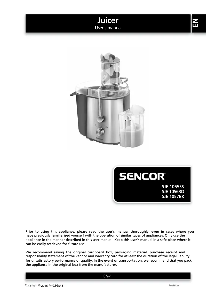 Page 1 de la notice Manuel utilisateur Sencor SJE 1056RD