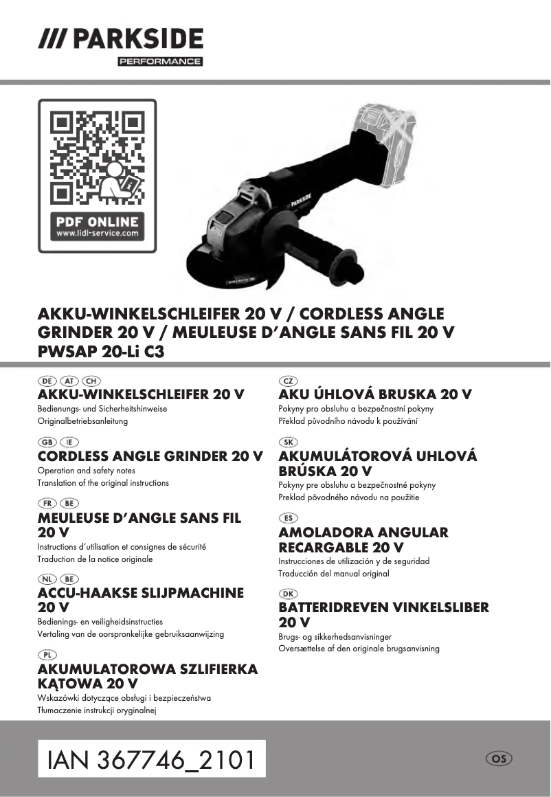 Page 1 de la notice Manuel utilisateur Parkside PWSAP 20-Li C3